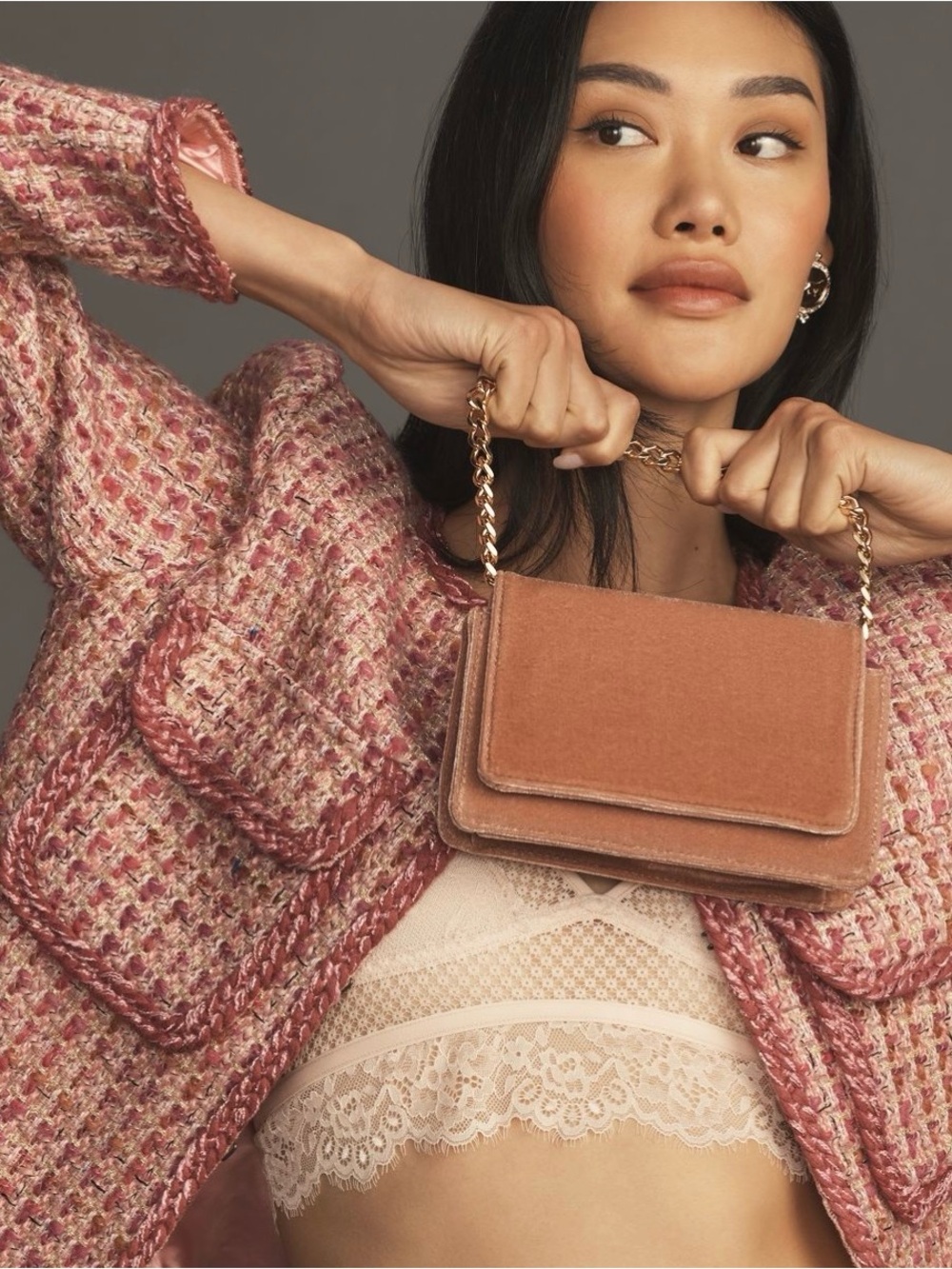 Anthropologie Velvet Chain Strap Bag - Pink